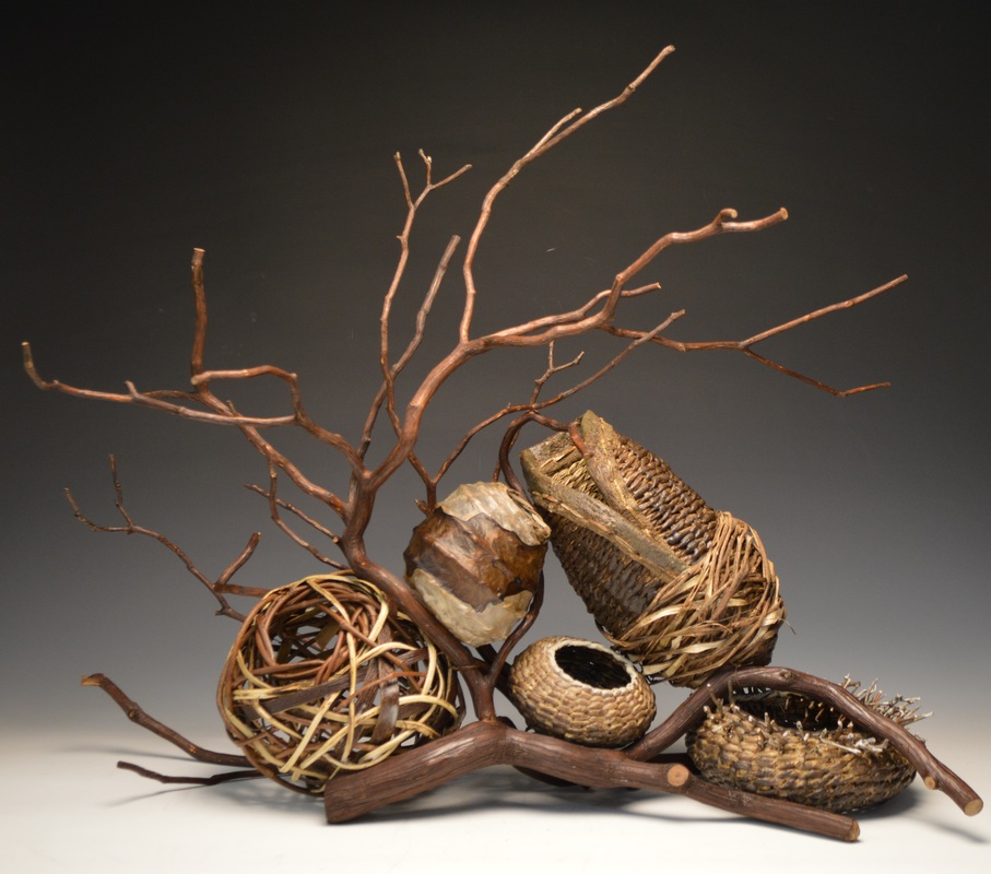 5 Baskets With A Branch To Be Used As Fireplace Sculptures