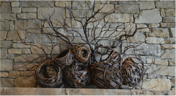Branch art for fireplace mantel made by Matt Tommey in Asheville, North Carolina's River Arts District.