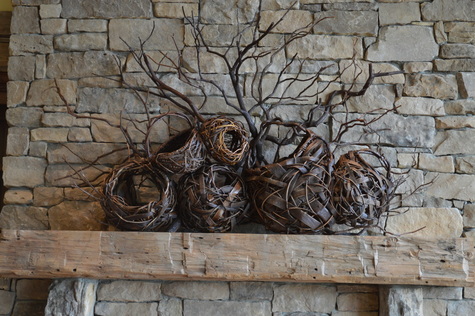 Rustic basket sculpture for fireplace mantel made by Asheville, North Carolina's Matt Tommey.