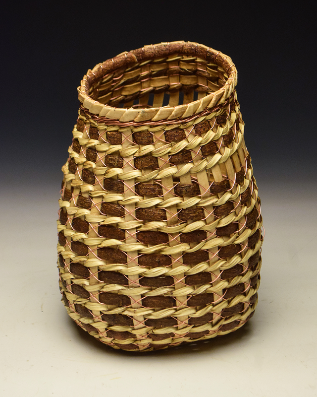 bark and wire basket by matt tommey, mimosa bark, kudzu, copper wire, poplar bark