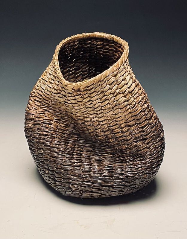 Freeform gradient art basket made by Matt Tommey from kudzu, poplar bark and encaustic wax.