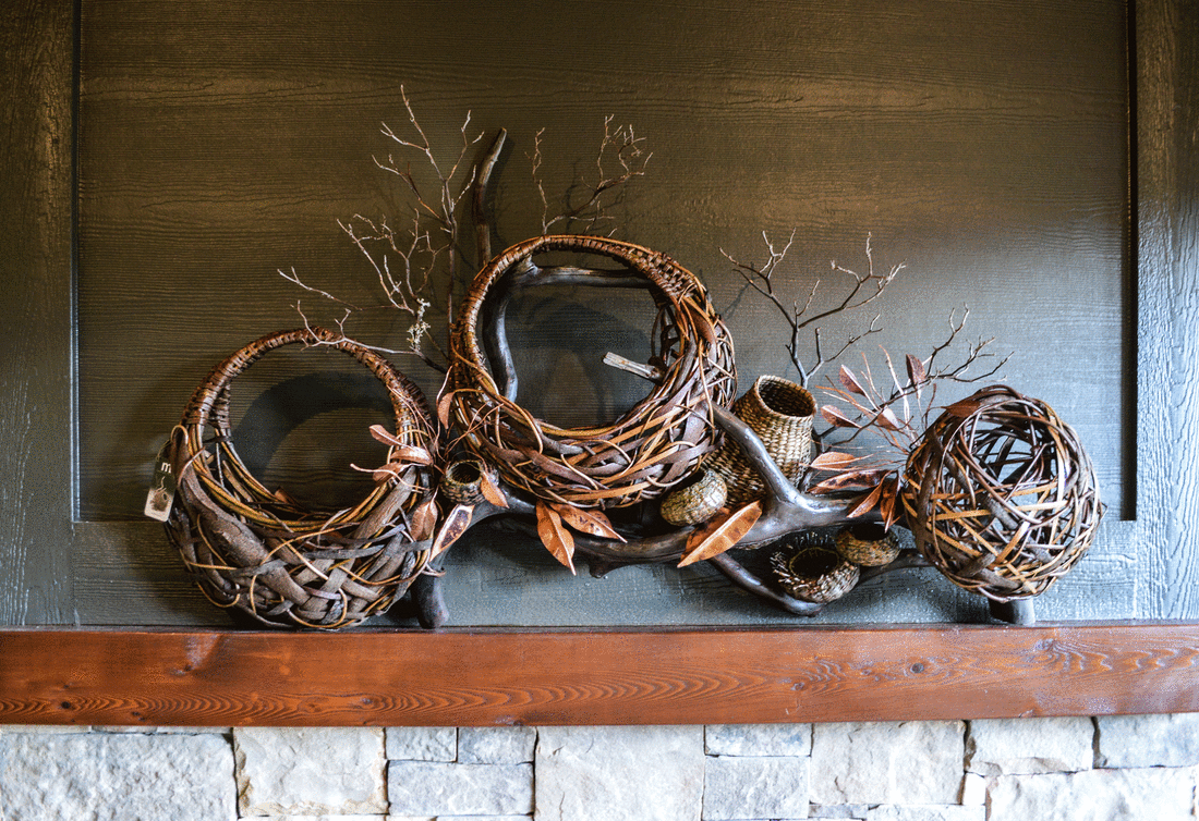 3 Baskets On A Branch Used As Fireplace Sculptures
