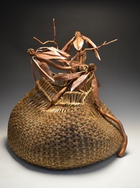 art basket, sculpture, copper leaves